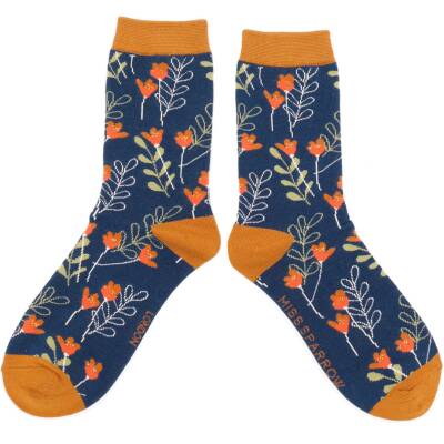 Miss Sparrow: Bambus Socken Damen Wild Floral navy