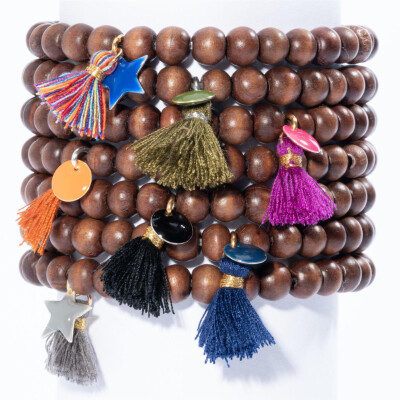 Lumisha: Armband Holzperlen 6,5mm Anhänger/Quaste grau