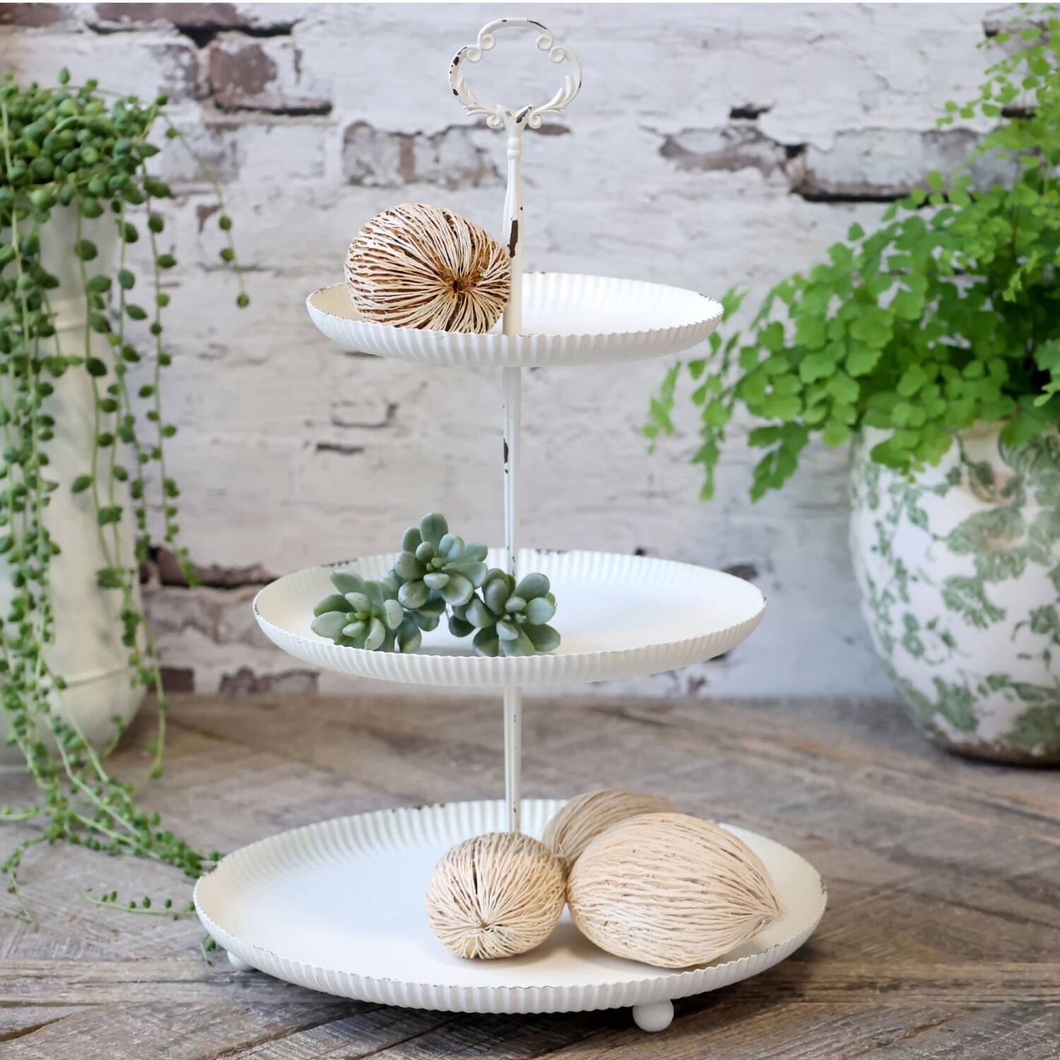 Chic Antique Etagere Metall weiß Shabby Chic mit 3 Schüsseln