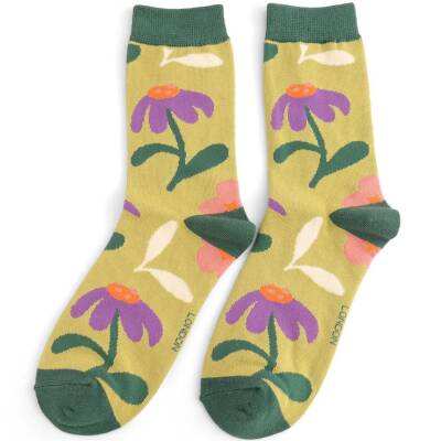 Miss Sparrow: Bambus Socken Damen Retro Floral lime