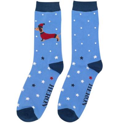 Mr Heron: Bambus Socken Herren Dackel Festive Hellblau