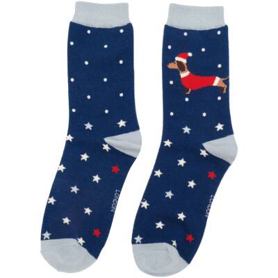 Miss Sparrow: Bambus Socken Damen Dackel-Santa blau