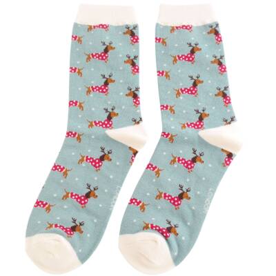 Miss Sparrow: Bambus Socken Damen Dackel Xmas hellblau