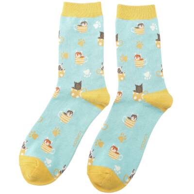Miss Sparrow: Bambus Socken Damen Katze in Tasse aqua