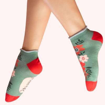 Powder: Bambus Socken Sneaker Damen Blumen Oliv