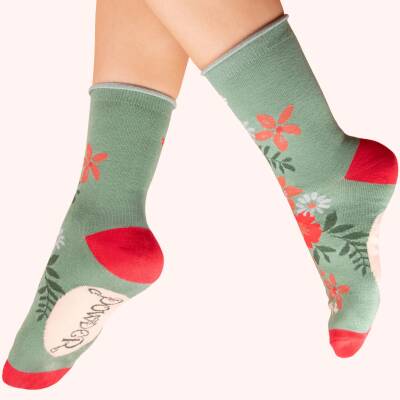 Powder: Bambus Socken Damen Floral Spray Oliv