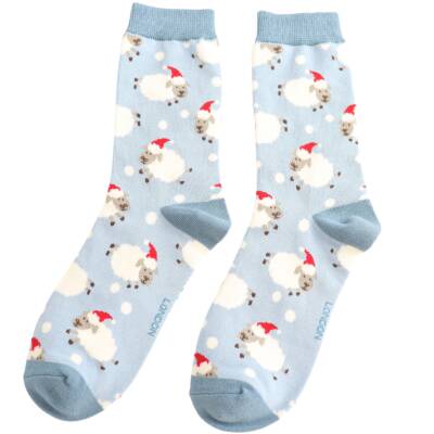 Miss Sparrow: Bambus Socken Damen Santa Schaf blau