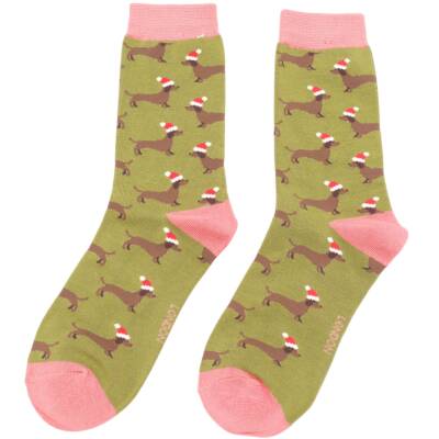 Miss Sparrow: Bambus Socken Damen Dackel-Santa oliv