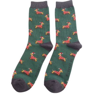 Mr Heron: Bambus Socken Herren Dackel Skiing grün