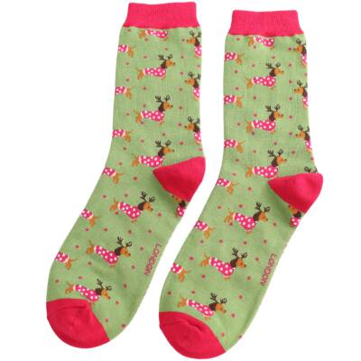 Miss Sparrow: Bambus Socken Damen Dackel Xmas grün