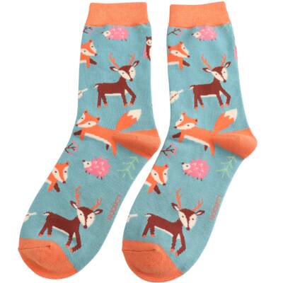 Miss Sparrow: Bambus Socken Damen Waldtiere blau