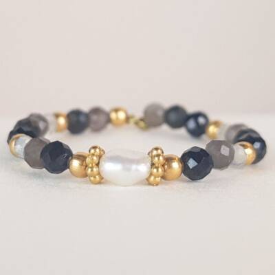 Muja Juma: Perlen Ring elastisch Labradorit mixed