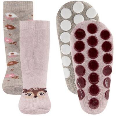 Stoppersocken ABS Sohle Reh-Blumen 18-19 2Paar rosa