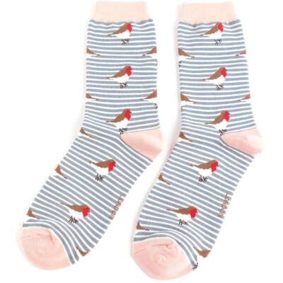Miss Sparrow: Bambus Socken Robins on Stripe denim