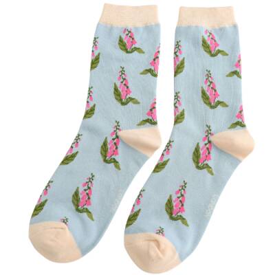 Miss Sparrow: Bambus Socken Fingerhut Blumen hellblau