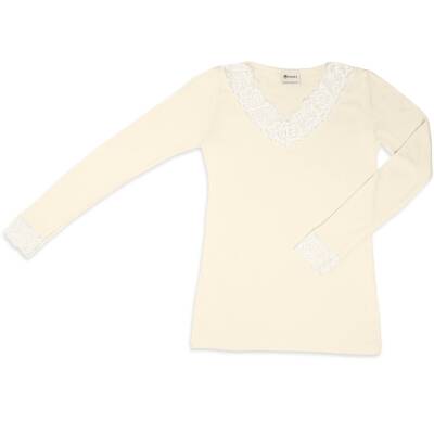 Engel: Damen Shirt Langarm mit Spitze natur Wolle-Seide