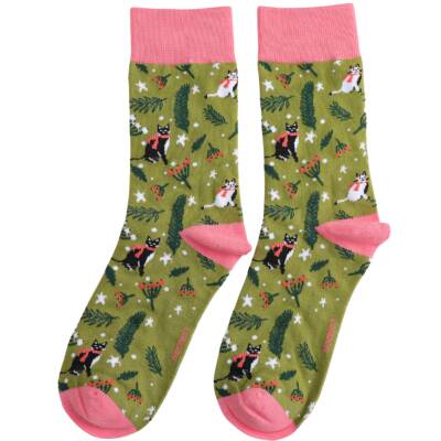 Miss Sparrow: Damensocken Winter Cats oliv